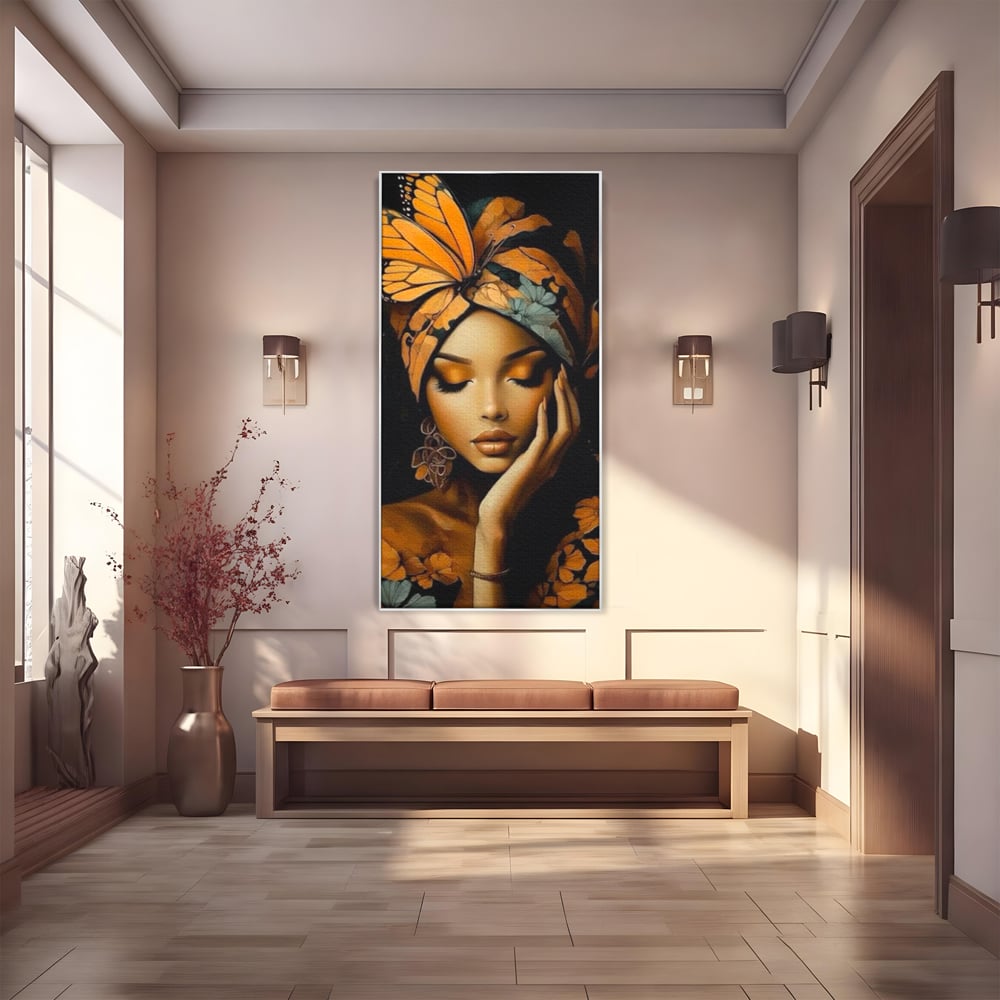 Tablou canvas cu tablou canvas cu portret de femeie, in rama de aluminiu argintiu